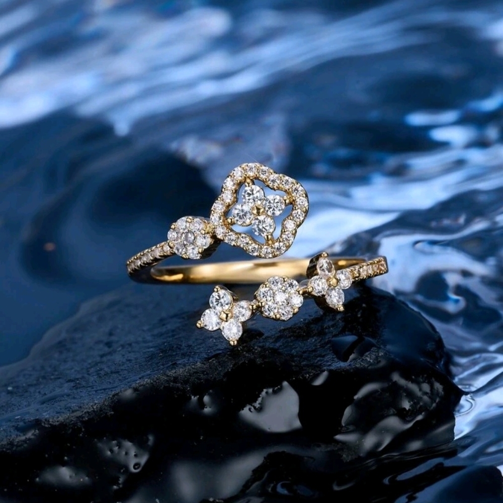 Adjustable Yellow Gold Toned Flower Cocktail Ring with Rhinestones